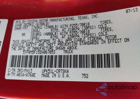 2013 Toyota Tundra Grade 4.6L V8 from USA, damaged, VIN 5TFRM5F15DX067053